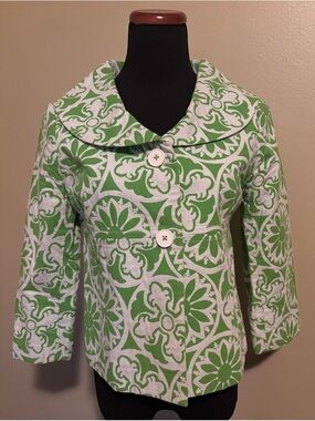 Lilly Pulitzer Green & White Patterned Cropped Blazer Jacket